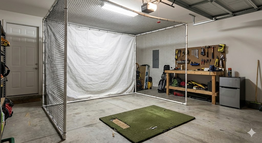 An image of an indoor golf setup in a garage