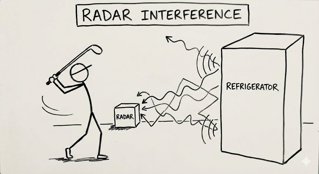 An image showing radar interference on an indoor golf radar unit from a refrigerator.