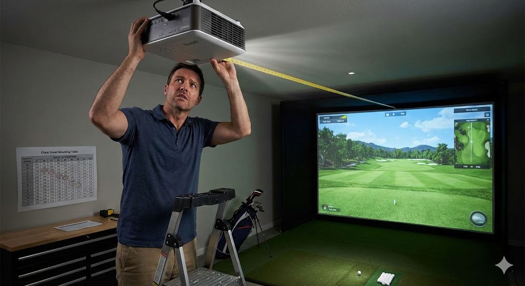 A man installing an overhead projector for an indoor golf simulator
